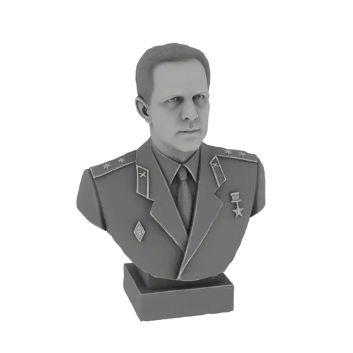 3D-Modell-Rendering einer grauen Büste eines sowjetischen Militärgenerals in Uniform mit Medaillen, auf einem quadratischen S