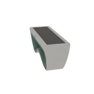 3D model of the Pirogov Interactive Anatomical Table, featuring a curved green base and a white tabletop with a dark display