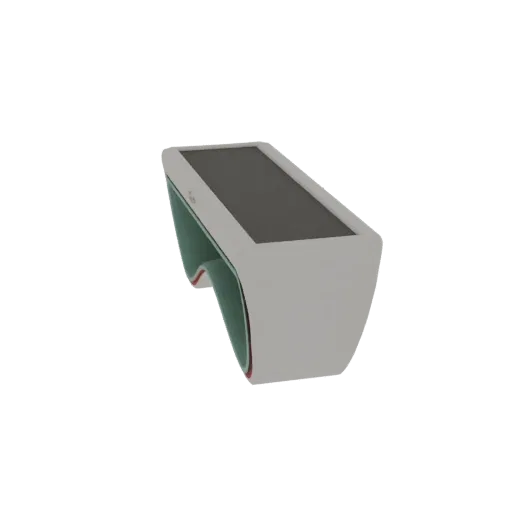 Modello 3D Tavolo Anatomico Interattivo Pirogov, con base curva verde e piano bianco con schermo scuro.