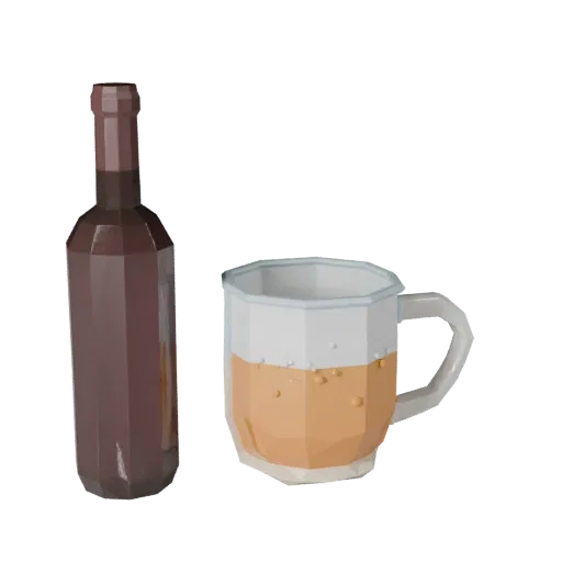 Wine Bottle Low Poly 3D model, game viewport three-quarter view, showing glass, container shape.
