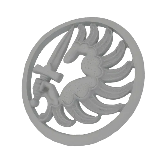 3D render of a circular emblem with a sword held by a hand, surrounded by stylized wings, on a black background.