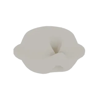 A 3D render of a single, crushed dumpling with realistic dough texture and folds, presented on a white background.