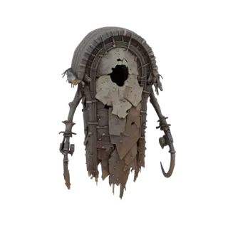 Modèle 3D d'un gardien fantôme sépulcral ancien avec un linceul déchiré et des crochets aux mains, sur fond blanc