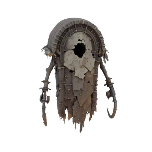 3D-Modell eines uralten Bestattungs-Geisterwächters mit zerrissenem Leichentuch und Haken an den Händen, auf weißem Hintergru