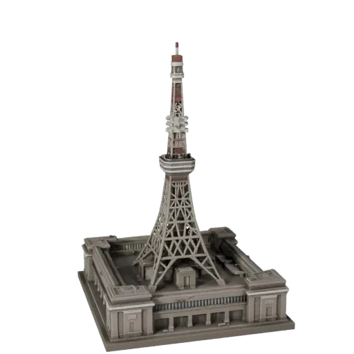 Modèle 3D de la Tour de Tokyo prêt pour Unity, vue de l'éditeur Unity, montrant les matériaux de la structure du monument et