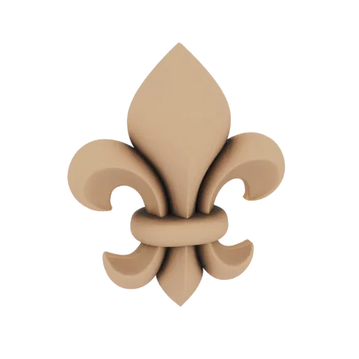 Rendu 3D d'un emblème classique beige Fleur-de-lis sur fond noir.