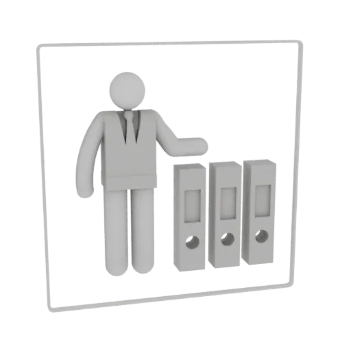 Modèle 3D d'un homme d'affaires stylisé gris en costume, pointant trois classeurs gris, dans un cadre gris clair.