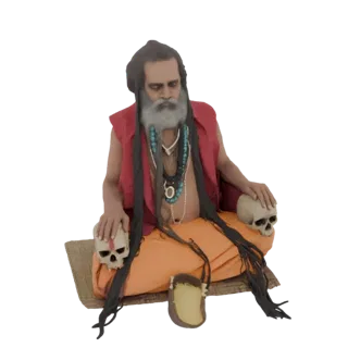 Modello 3D di un Sadhu in meditazione, seduto a gambe incrociate con teschi accanto, vestito tradizionalmente.