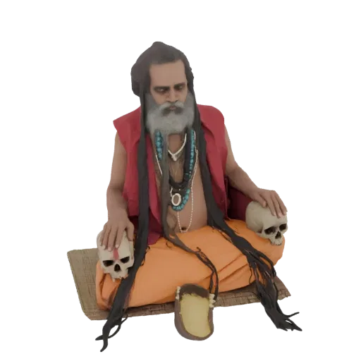 Modèle 3D d'un Sadhu méditant, assis en tailleur avec des crânes à côté, portant une tenue traditionnelle.
