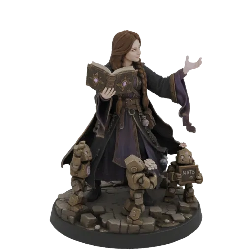 3D model of a fantasy enchantress with a spellbook, flanked by two small clockwork golems, one holding flowers and the other