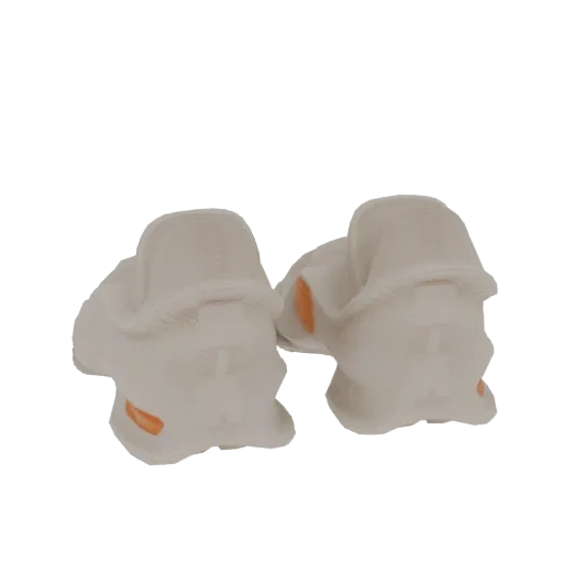 Rear view of a 3D model of white knit sneakers with orange accents on the heel and sole.
