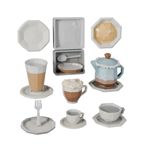 Café-Tee-Service Low-Poly-3D-Modell, Spiel-Viewport-Dreiviertelansicht, zeigt Keramik, arrangiertes Servierlayout.