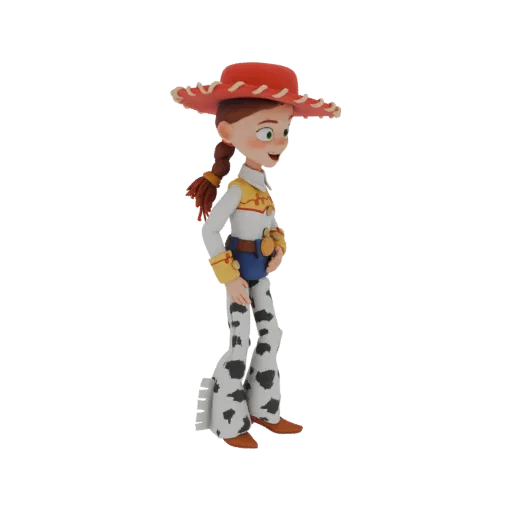 3D model of Jessie from Toy Story, a female character with red hat, braided hair, and cow-print pants, standing and looking t
