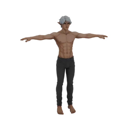 3D model of a muscular Elf Warrior with white hair and pointed ears, standing in a T-pose with arms outstretched.