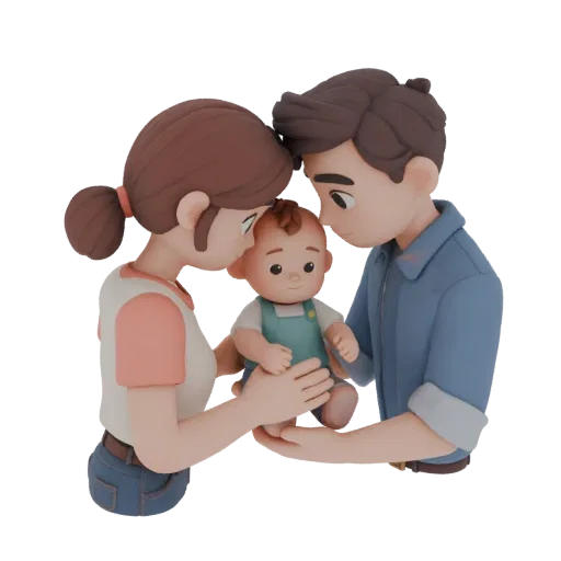 Modelo 3D de família: mãe e pai abraçam carinhosamente o bebê, em estilo de estatueta protetora.