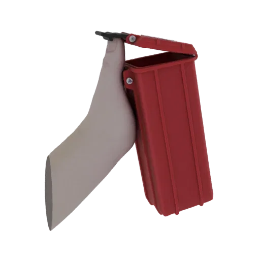Rendu 3D d'un bénitier rouge tenu par un doigt pâle et stylisé sur fond blanc.