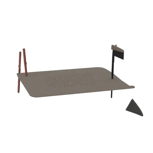 Modèle 3D d'une grille de cuisson de feu de camp rustique en métal avec deux bâtons de support en bois et un petit drapeau.