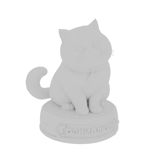 3D-Modell-Rendering einer niedlichen weißen Katze, die auf einem runden Sockel sitzt und ein Halsband mit einem Anhänger träg