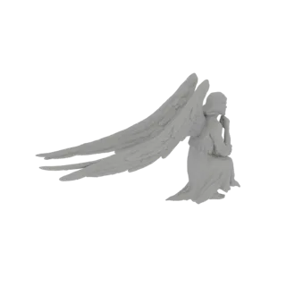 3D model of a white angel kneeling with large, spread wings, head bowed in meditation, against a white background.