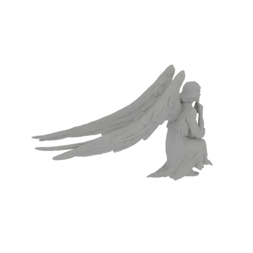 3D model of a white angel kneeling with large, spread wings, head bowed in meditation, against a white background.