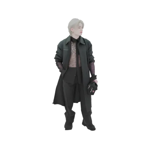 3D model of a stylish man wearing a dark trench coat, translucent shirt, and dark trousers, looking to the side.