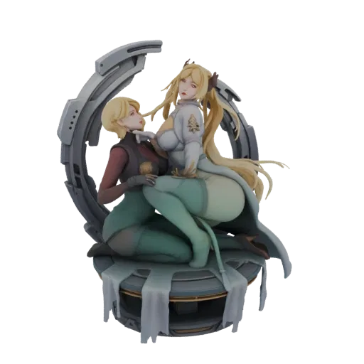 3D render of two blonde sci-fi women in a close pose on a futuristic circular platform, detailed textures and metallic accent