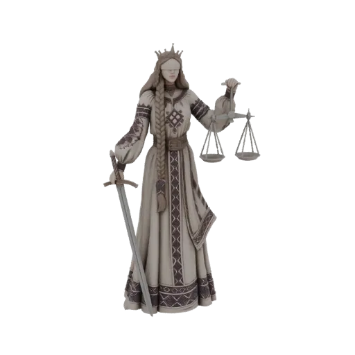 3D model of Themis, the Greek goddess of justice, wearing a blindfold and holding a sword and scales, depicted in a flowing r