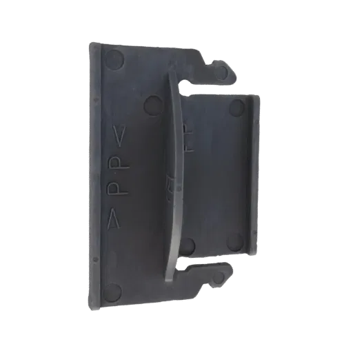 3D model of a dark gray plastic bracket with 'PP' marking and a clip mechanism, shown against a black background.