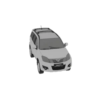 Ein 3D-Modell eines weißen SUV mit schwarzer Dachreling, aus leicht erhöhter Front-Rechts-Ansicht.