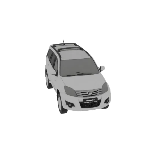 A 3D model of a white SUV with black roof rails, viewed from a slightly elevated front-right angle.