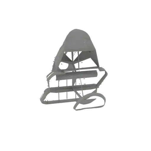Modèle 3D de châssis de drone futuriste avec des composants structurels complexes et une finition grise, sur fond blanc.