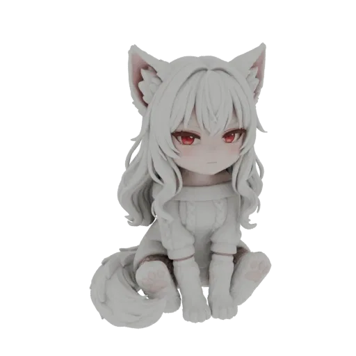 3D-Modell eines niedlichen Chibi-Wolfsmädchens in Weiß mit roten Augen, das einen weißen Pullover trägt und mit nach vorne ge