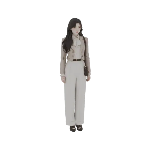 3D model of a woman standing in a beige suit with a crossbody bag, looking slightly to the side.