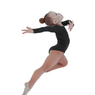 3D-Modell eines jungen Mädchens in schwarzem Trikot, mitten im Sprung mit ausgestreckten Armen und Beinen, vor weißem Hinterg