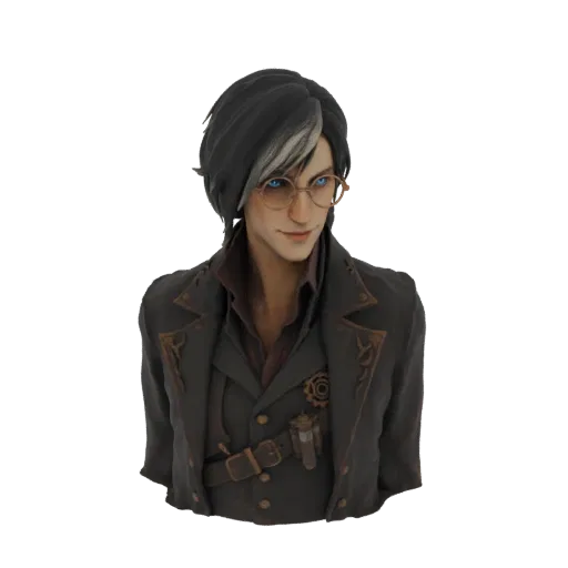 3D model render of a steampunk gentleman bust with dark coat, spectacles, and gear details.