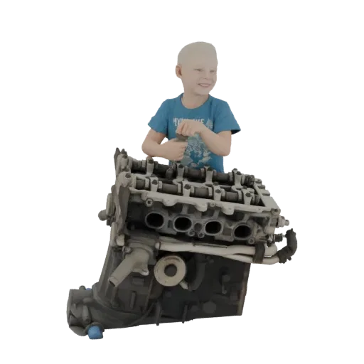 3D model of a smiling child in a blue t-shirt holding a tool and working on a detailed engine block.