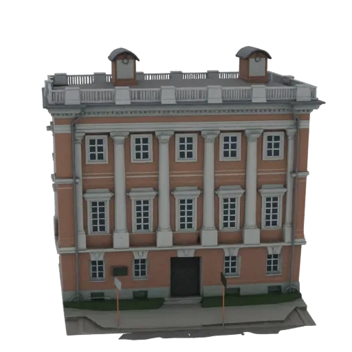 3D model of a classical Baroque building facade with salmon-pink walls, white columns, and decorative window surrounds.