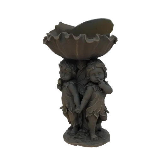 3D model of a stone-like statue featuring two cherubic fairy children holding hands, supporting a shell-shaped bird bath.