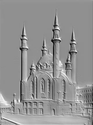 3D model of Kul Sharif Mosque bas-relief in Kazan, front view, showing minarets and domes