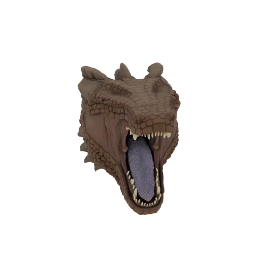 3D model of a roaring brown dragon head with scales, sharp teeth, and an open mouth showing its tongue.