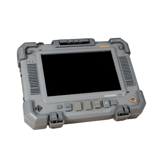 Rettungs-Feldtablet Low-Poly 3D-Modell, Spiel-Viewport-Dreiviertelansicht, mit Gummigriffen, tragbarer Requisitenform.