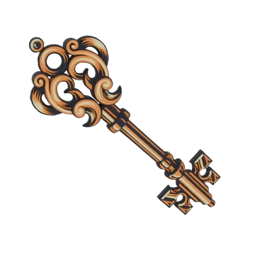 A detailed 3D model of an ornate Victorian key with intricate scrollwork on the bow and a classic bit, rendered in warm metal