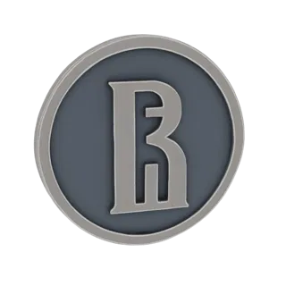 3D render of a silver emblem with a prominent letter 'R' in a classic font, set against a dark circular background.