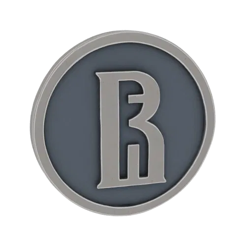 3D render of a silver emblem with a prominent letter 'R' in a classic font, set against a dark circular background.