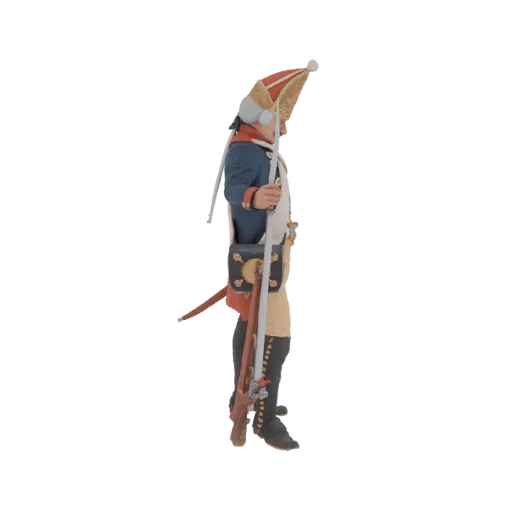 Side view of a 3D model of a Napoleonic era soldier in uniform, holding a musket.
