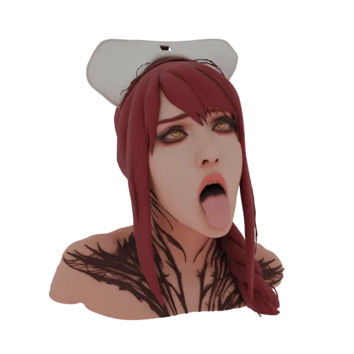 مجسم ثلاثي الأبعاد لممرضة ماكيما بوضعية Ahegao، بشعر أحمر، قبعة ممرضة، وأنماط داكنة على الصدر.