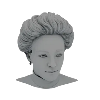 Modelo 3D de cabeza de mujer elegante con peinado recogido detallado y un solo pendiente, vista frontal.
