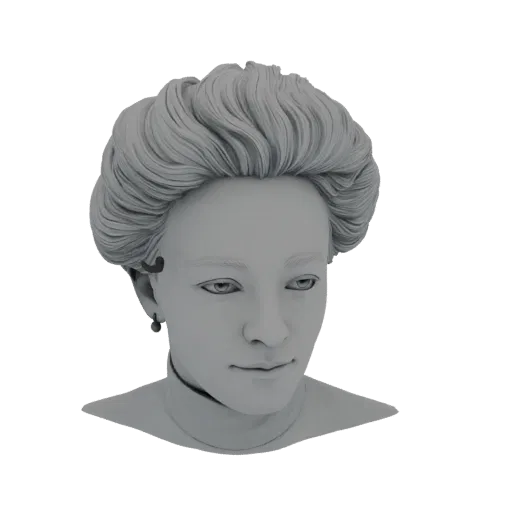 3D model of an elegant woman's head with a detailed updo hairstyle and a single earring, shown from the front.