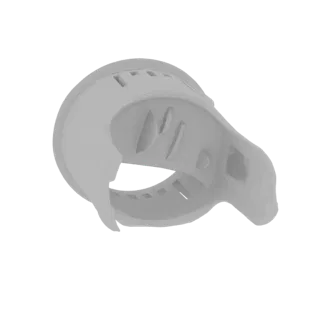 3D model preview of a futuristic white protective helmet with intricate vents and layered design, set against a black backgro