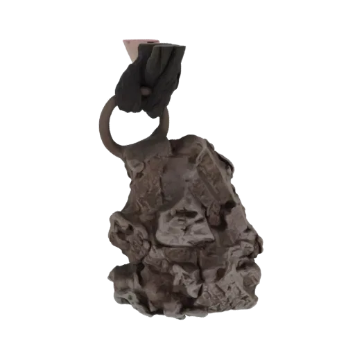 3D model render of a weathered stone gargoyle bell ornament with a metal hanging ring.